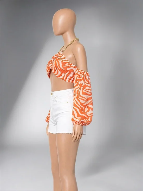 Orange Zebra Print Off-Shoulder Crop Top - Picture 9 of 13